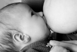 Portrait bébé en noir et blanc allaitement