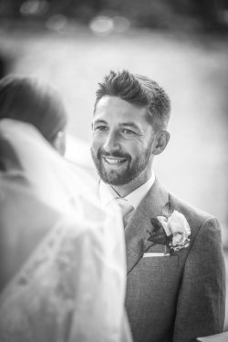 Bride and groom exchanging vows at a chateau French wedding