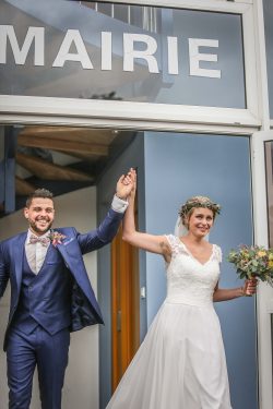 Couple laughing during a country wedding in France